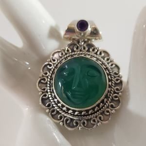 Green Onyx Carved Face Pendant with Amethyst Accent in Sterling Silver
